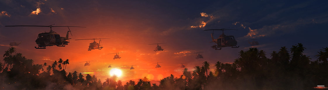 Апокалипсис сейчас, панорамная съемка вертолетов, армия, вертолет, восход, HD обои HD wallpaper
