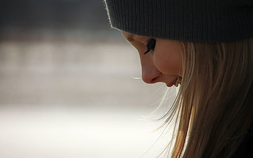 women's gray knit cap, blonde, women, smiling, hat, model, face, profile, HD wallpaper HD wallpaper