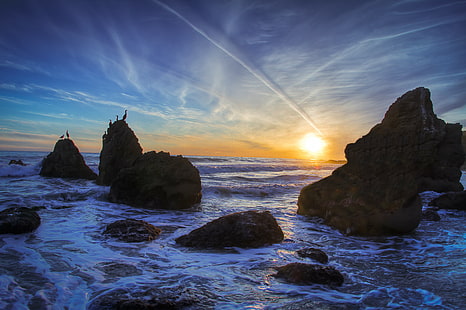 silhouette of rock formation and body of water during sunrise, Malibu, silhouette, rock formation, body of water, sunrise, california, pacific  ocean, clouds, sunset, birds, canon, hdr, gear, me  my, premium, bronze, silver, gold, platinum, diamond, sea, rock - Object, beach, nature, coastline, landscape, scenics, blue, HD wallpaper HD wallpaper