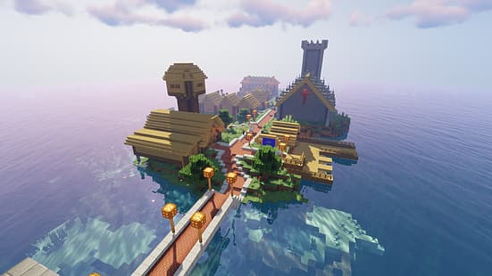 Minecraft, ada, köy, gölgelendiriciler, HD masaüstü duvar kağıdı HD wallpaper