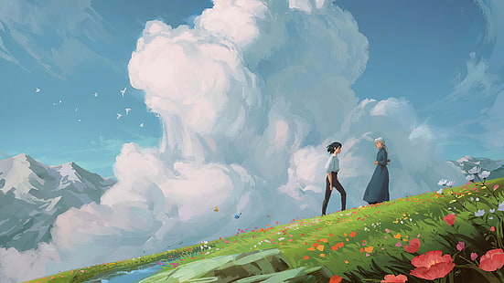 Howl's Moving Castle, Studio Ghibli, arte de fantasía, nubes, luz del día, pareja, arte digital, flores, películas, anime, Fondo de pantalla HD HD wallpaper