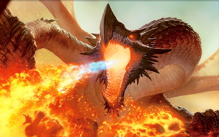 дракон, огън, фентъзи изкуство, Magic: The Gathering, произведения на изкуството, видео игри, HD тапет