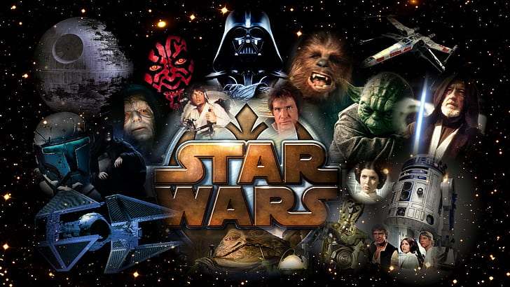 Star Wars, Alec Guinness, Chewbacca, Dark Maul, Dark Vador, Death Star, Obi-Wan Kenobi, R2-D2, TIE Fighter, X-Wing, Yoda, Fond d'écran HD