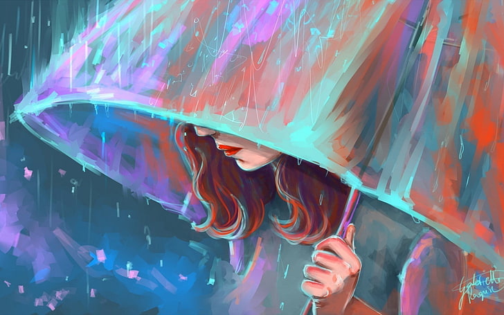 Art Umbrella Rain Girl, жена, която държи чадър под векторното изкуство за дъжд, Art And Creative,, art, HD тапет