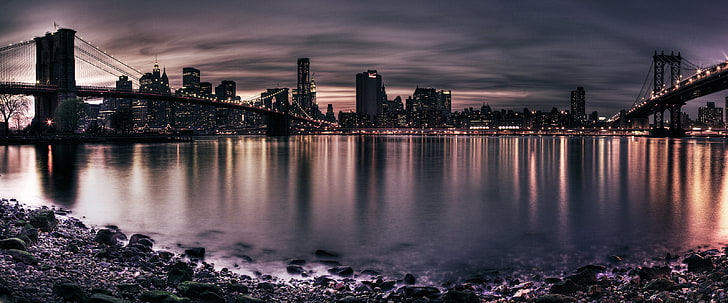 panoramic photo of city skyline during nighttime, night, bridge, the city, lights, river, shore, panorama, bridges, HD wallpaper