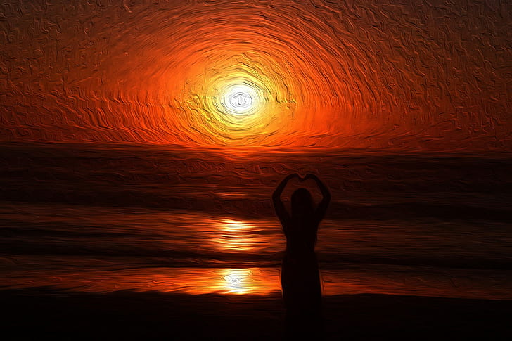cinta, matahari terbenam, pantai, cerah, oranye, Wallpaper HD
