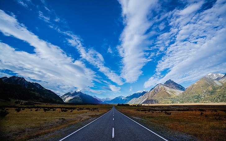 Nova Zelândia, rodovia, estrada, montanhas, céu azul, nuvens brancas, Nova, Zelândia, rodovia, estrada, montanhas, azul, céu, branco, nuvens, HD papel de parede