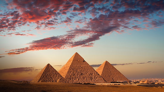 السماء ، الغيوم ، المدينة ، الهرم ، غروب الشمس ، أهرامات الجيزة ، القاهرة ، مصر ، العمارة، خلفية HD HD wallpaper
