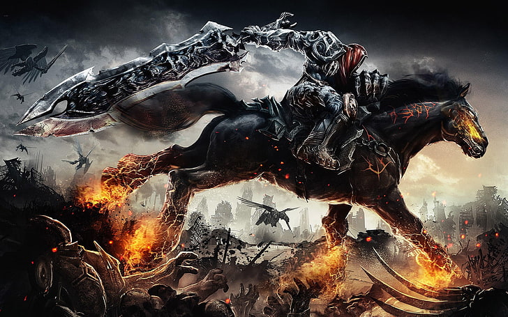 swordsman riding a horse wallpaper, fantasy art, sword, demon, fire, horse, hell, apocalyptic, Darksiders, video games, war, Darksiders 2, War (Darksiders), artwork, HD wallpaper