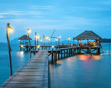 Resort Bar, Ocean, brown wooden sea dock, Asia, Thailand, Ocean, Blue, View, Travel, Exotic, Nature, Summer, Turquoise, Heaven, Wood, Dream, Island, Water, Resort, Tropical, Photography, Caribbean, Relax, Quiet, Fire, Holidays, Outdoor, Beauty, Peaceful, Tropics, Evening, Luxury, cancun, Vacation, Restaurant, Tour, Lifestyle, Destination, visit, tourism, Geography, leisure, bunting, HD wallpaper HD wallpaper