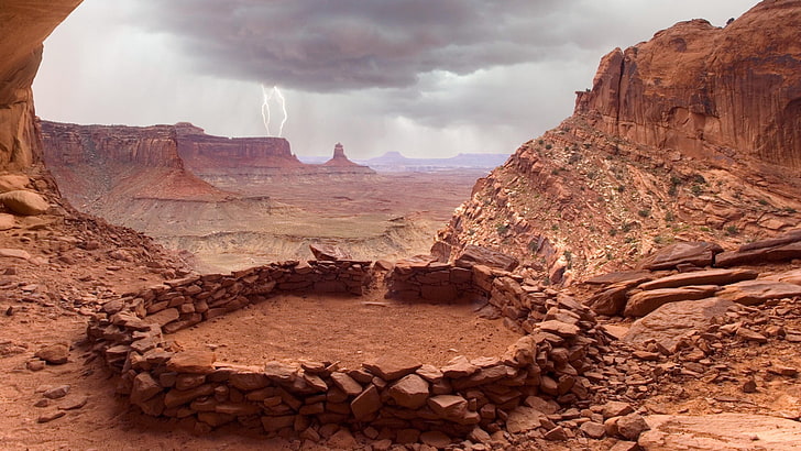 brown mountain, desert, stones, design, lightning, canyon, HD wallpaper