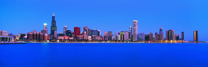 panoramic photography of high rise buildings, american, american, Panoramas, American, Megalopolis, panoramic photography, high rise buildings, cityscapes, urban Skyline, cityscape, skyscraper, architecture, night, downtown District, famous Place, urban Scene, city, built Structure, uSA, building Exterior, blue, tower, HD wallpaper