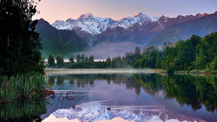 bank, dimma, Mount Tasman, Mount Cook, Aoraki, Nya Zeeland, Lake Matheson, morgon, träd, bergskedja, reflektion, bergslandskap, himmel, sjö, vildmark, bergiga landformer, berg, vatten, natur, HD tapet