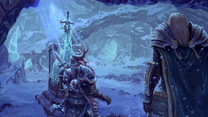 Warcraft, Arthas, Muradin, Lich King, #frostmourne, World of Warcraft, mmorpg, artwork, RPG, Alliance, dwarf, HD wallpaper