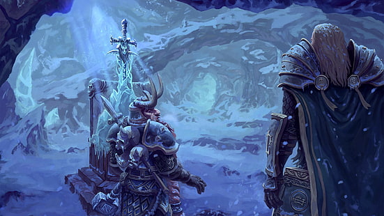 Warcraft, Arthas, Muradin, Lich King, #frostmourne, World of Warcraft, mmorpg, произведения на изкуството, RPG, Alliance, джудже, HD тапет HD wallpaper
