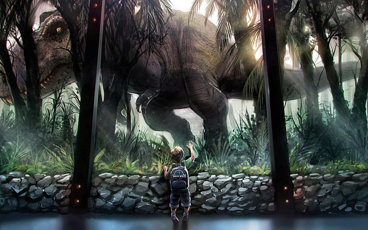 menino de pé perto de papel de parede digital de dinossauro, dinossauros, mundo jurássico, obras de arte, arte de fantasia, crianças, HD papel de parede