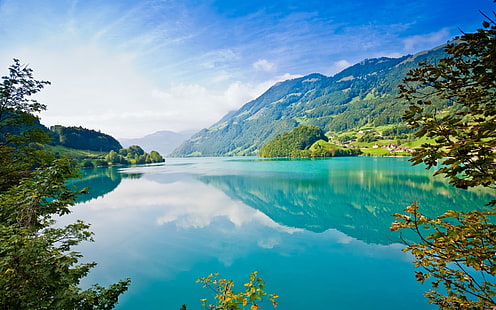 albero a foglie verdi, natura, paesaggio, turchese, montagne, lago, riflesso, Lago di Lungern, Svizzera, Alpi, Sfondo HD HD wallpaper