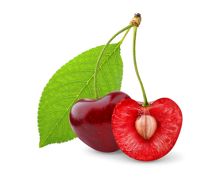 red cherries, cherry, the flesh, berry, leaf, bone, HD wallpaper