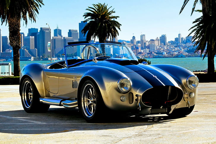 Ac Shelby Cobra, gris y azul shelby cobra corvertible, deportivo, descapotable, vintage, súper, clásico, shelby, cobra, antigüedades, autos, Fondo de pantalla HD