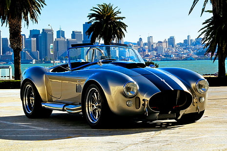 Ac Shelby Cobra, cinza e azul shelby cobra corvertible, esportes, conversível, vintage, super, clássico, shelby, cobra, antiguidade, carros, HD papel de parede HD wallpaper
