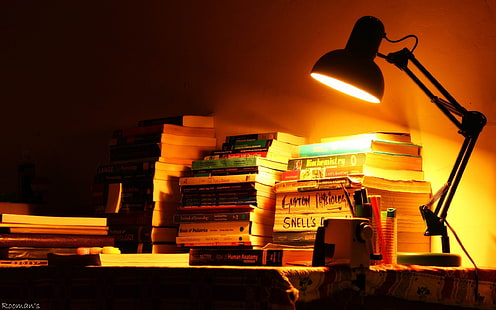 książki życie-panoramiczna tapeta, czarna lampa biurkowa i mnóstwo książek o różnych tytułach, Tapety HD HD wallpaper