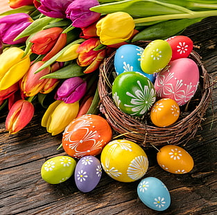assorted-color decor eggs, flowers, eggs, spring, Easter, tulips, decoration, Happy, HD wallpaper HD wallpaper