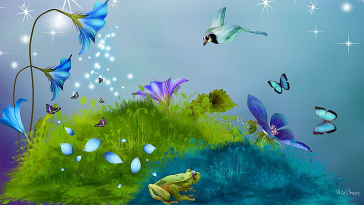 Bunga Bersinar Di Malam Hari, firefox persona, bintang, katak, rumput, burung, bunga, berkilau, kelopak, kupu-kupu, malam, 3d dan abstrac, Wallpaper HD