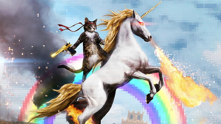 white unicorn illustration, cat, gun, rainbow, unicorn, Kote, Rambo, deagle, HD wallpaper