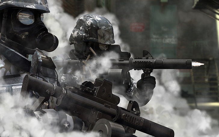 видео игри, войник, война, оръжие, пушки, дим, противогази, CGI, пистолет, Call of Duty, HD тапет
