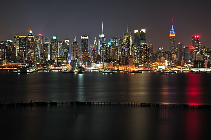 panoramic shot of city light, 52nd, 52nd, 34th Street, panoramic, shot, city light, nyc, skyline, Midtown Manhattan, midtown  Manhattan, 52nd Street, New York, night, urban Skyline, cityscape, skyscraper, downtown District, architecture, famous Place, urban Scene, city, reflection, building Exterior, tower, HD wallpaper
