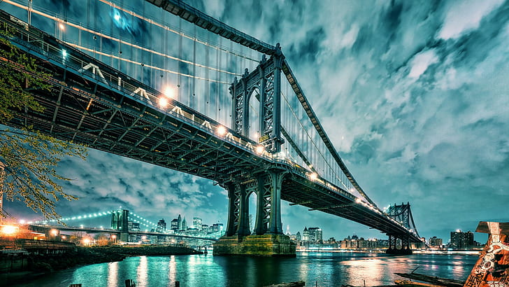 Manhattan, Manhattan Bridge, architettura, New York, città, notte, luci, acqua, paesaggio urbano, Manhattan, Manhattan Bridge, architettura, New York, città, notte, luci, acqua, paesaggio urbano, Sfondo HD