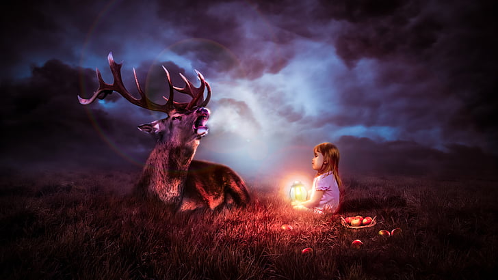 arte de fantasía, arte, rawat, esperanza, lindo, niña, luz, reno, ilustración, ciervo, llama, humo, fuego, oscuridad, cielo, tierra de los sueños, sueño, Fondo de pantalla HD
