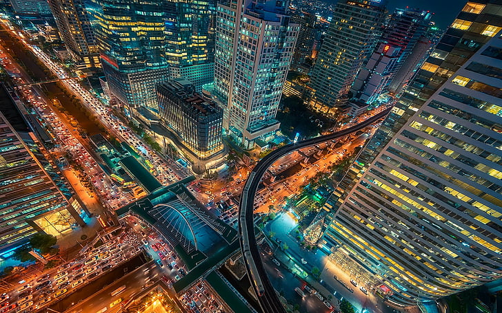 Cidades, Bangkok, Aérea, Edifício, Cidade, Luz, À noite, Arranha-céu, Rua, Tailândia, HD papel de parede