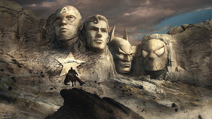 Mount Rushmore with Captain America, Superman, Batman, and Spider-Man face carved wallpaper, Batman, Captain America, Superman, and Spider-Man wallpaper, superhero, artwork, mountains, Mount Rushmore, Superman, Batman, Captain America, Spider-Man, sculpture, rock formation, Marvel Comics, DC Comics, face, HD wallpaper