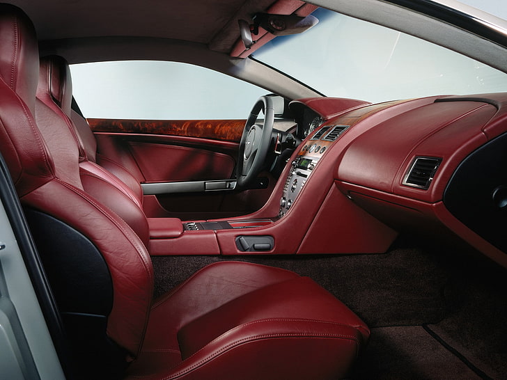 red and black car interior, aston martin, db9, 2004, red, salon, interior, steering wheel, HD wallpaper