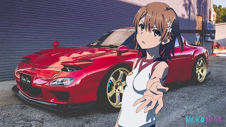 carro, Mazda, rx7, Mazda RX-7, anime girls, Misaka Mikoto, To Aru Kagaku no Railgun, To aru Majutsu no Index, HD papel de parede