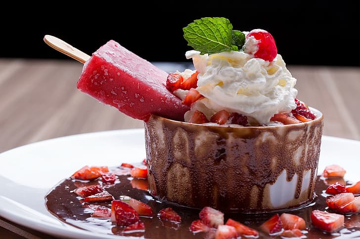 berries, chocolate, cream, strawberry, plate, ice cream, dessert, Popsicle, HD wallpaper
