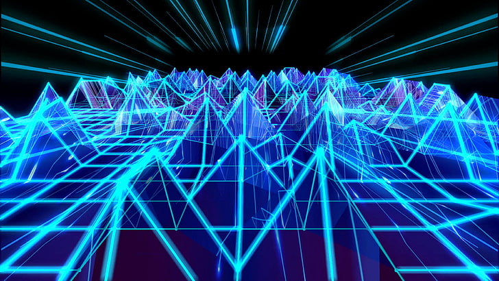 laser, grafik, digitale kunst, wireframe, polygon, geometrisch, schallwelle, linie, neon, 3d, elektrisches blau, welle, symmetrie, dreieckig, HD-Hintergrundbild