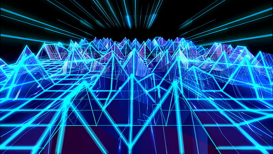 laser, artwork, digital art, wireframe, polygon, geometric, sound wave, line, neon, 3d, electric blue, wave, symmetry, triangular, abstract art, light, blue, HD wallpaper HD wallpaper