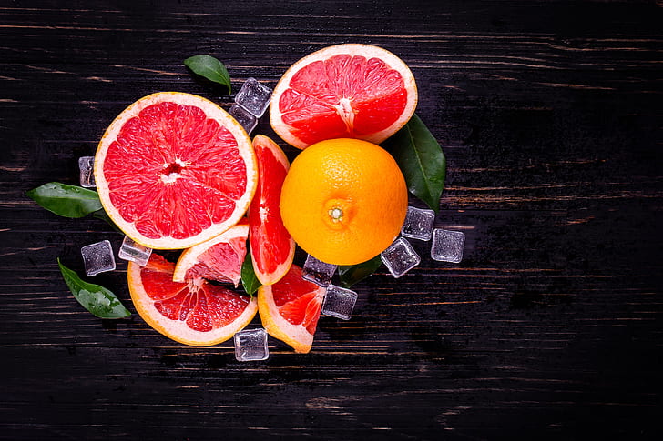 ice, citrus, slices, Grapefruit, HD wallpaper