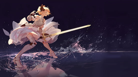 Fate Stay Night Saber digital wallpaper, anime Fate character in white dress holding a sword, anime girls, sword, Fate Series, blonde, Saber Lily, gauntlets, armor, ribbon, artwork, Fate/Unlimited Codes, anime, dress, reflection, Saber, women with swords, triple screen, water, ponytail, thigh-highs, HD wallpaper HD wallpaper