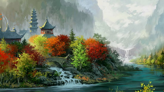 artwork, Asian Architecture, bridge, digital art, Fall, forest, house, landscape, leaves, mountain, nature, painting, river, tower, Trees, Valley, waterfall, HD wallpaper HD wallpaper