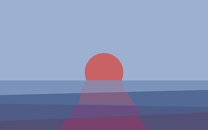 закат и синее водное полотно, оранжево-серые иллюстрации, закат, отражение, простой фон, цифровое искусство, минимализм, море, горизонт, солнце, аннотация, HD обои
