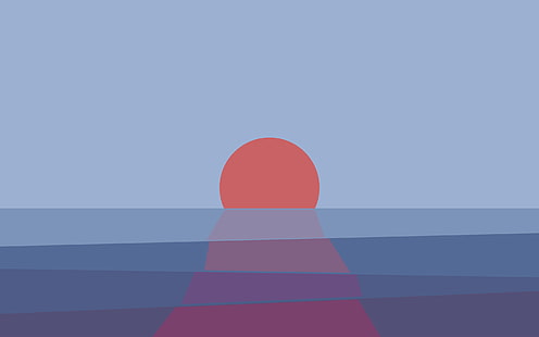coucher de soleil et corps bleu de la peinture à l'eau, illustration orange et grise, coucher de soleil, réflexion, fond simple, art numérique, minimalisme, mer, horizon, soleil, résumé, Fond d'écran HD HD wallpaper