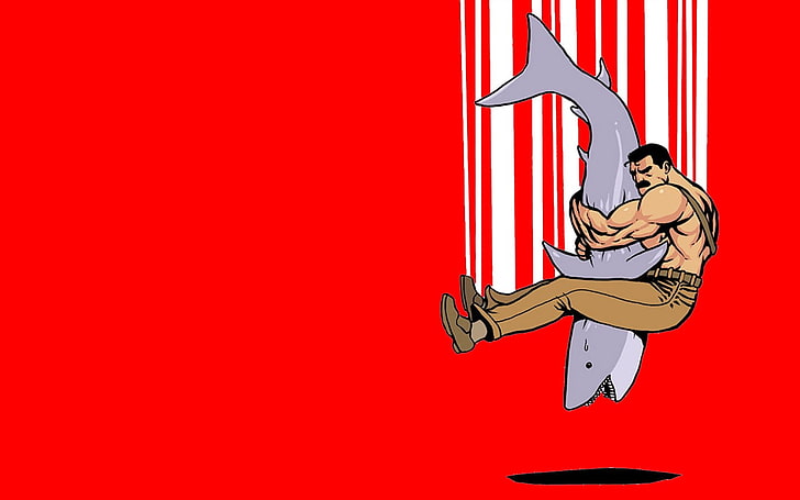 hombre que sostiene el papel tapiz digital de tiburón, ilustraciones, tiburones, hombres, minimalismo, fondo rojo, fondo simple, dibujos animados, Fondo de pantalla HD