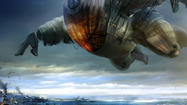 flying robot above body of waters during daytime digital wallpaper, Guild Wars 2: Heart Of Thorns, MMORPG, expansion, city, gameplay, screenshot, 4k, 5k, PC, HD wallpaper
