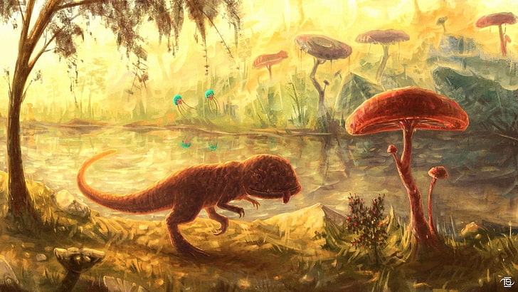 brown t-rex and mushroom 3D wallpaper, digital art, fantasy art, nature, The Elder Scrolls III: Morrowind, fan art, video games, painting, creature, trees, mushroom, HD wallpaper