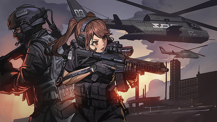 ヘリコプター、銃、外骨格、軍隊、黒兵、銃を持つ少女、 HDデスクトップの壁紙