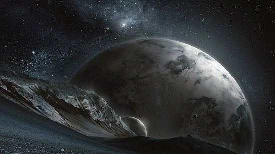 Fantasiekunst, Planet, Oberfläche, fremder Planet, fremde Landschaft, Universum, Sterne, Himmel, Dunkelheit, Raum, HD-Hintergrundbild HD wallpaper