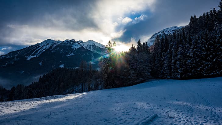 winter, the sun, snow, mountains, Austria, HD wallpaper